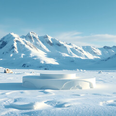 Minimalist white podium in a snowy landscape with mountains in the background