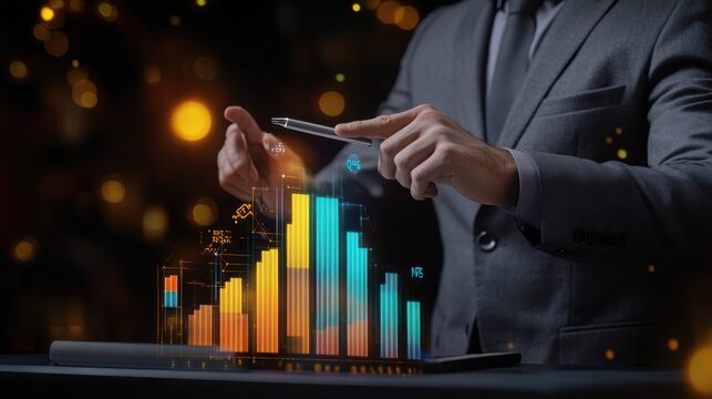 A front view of A business analyst in a charcoal gray suit presenting a customer satisfaction dashboard with 3D bars rising from the desk, showcasing Net Promoter Scores (NPS) across regions.