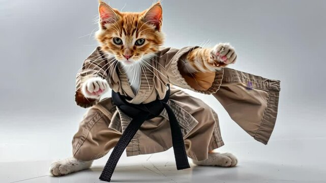 Karate Kitten: An adorable ginger kitten, dressed in a karate gi with a black belt, strikes a powerful karate pose, showcasing both feline cuteness and martial arts spirit.