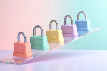 Pastel security locks on glass ramp for digital protection concept art