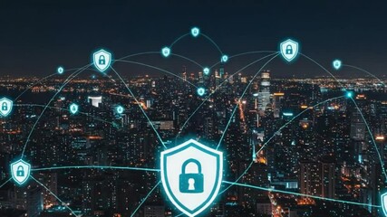 City network cybersecurity concept over an illuminated urban skyline - Powered by Adobe