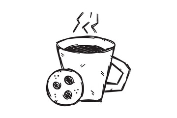 Tea coffee and cookies, breakfast time, hand drawn doodle line sketch vector illustration