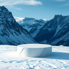Marble Podium on Snow with Mountain Backdrop for Product Display