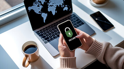 VPN concept with man using smartphone for secure internet connection and private browsing
