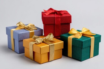 Fototapeta premium Four textured gift boxes tied with ribbon bows in various colors on a seamless light gray background