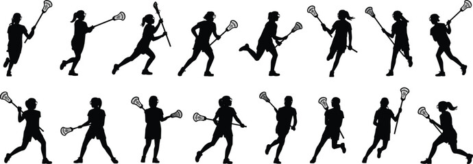 Silhouettes of girls playing lacrosse, various action poses, sports training, athletic movement, youth athletes, competitive sports, isolated background
