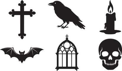 Halloween spooky icon with cross crow candle skull bat and gothic window silhouette