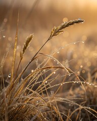 Fototapeta premium Golden Grass Blades with Morning Dew Drops at Sunrise