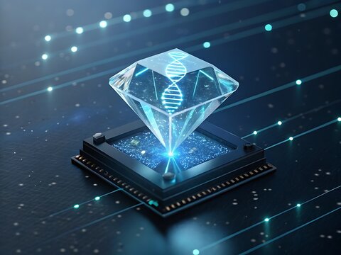 Futuristic Diamond Hologram with DNA Strand on Microchip