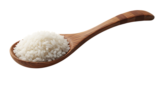 White rice piled on a wooden spoon uncooked rice grain