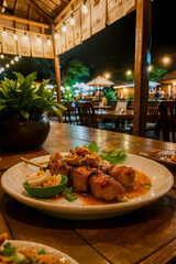 Indonesia satay with peanut sauce on banana leaf, topped with fried shallots