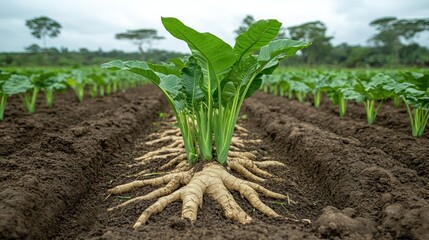 Sugar beet plant with large taproot in a cultivated field.