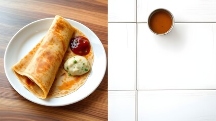 A delicious dosa is served with sauce and chutney on a plate