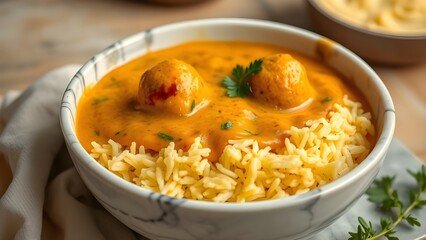 A bowl of delicious indian curry meatballs with rice is ready to be served