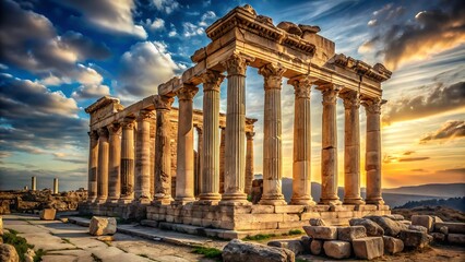 Obraz premium Ancient greek temple ruins bathed in golden sunset light with dramatic clouds