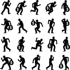 Thief silhouette vector illustration, burglar running with money bag, criminal figure drawing, black flat cad artwork, police crime concept