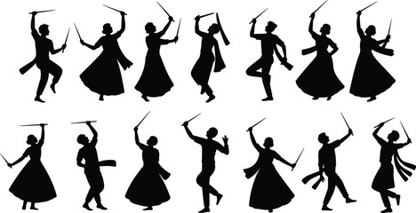 Traditional folk dancers with sticks, Indian Garba dance silhouettes, festive cultural celebration, black vector illustration, cad drawing flat vector illustration