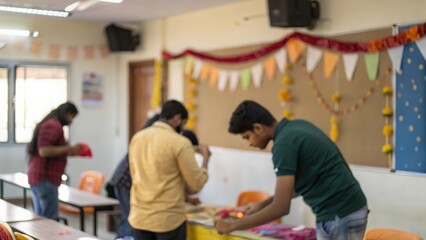 Indian college friends decorating classroom for cultural event	
