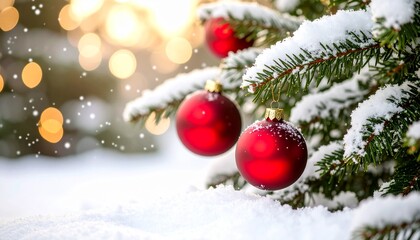 Festive Christmas Scene with Red Ornaments Hanging on Snowy Branches

