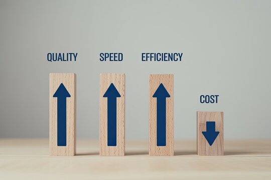 Wooden blocks illustrate increasing quality speed and efficiency while decreasing costs with blue arrows on a neutral background