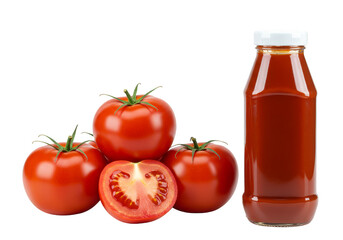 Isolated Fresh Tomato Ketchup Sauce in Bottle and Pile of Tomatoes PNG