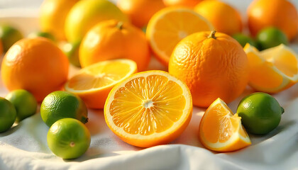 An assortment of fresh oranges and limes scattered on a white surface, vibrant colors, detailed texture, high resolution, 4K and HD image.