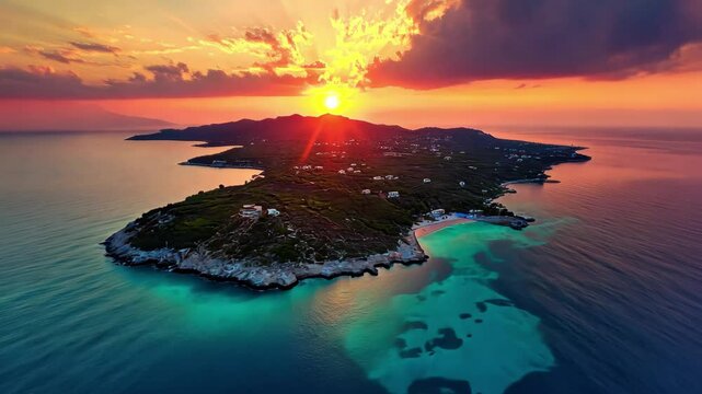 Stunning aerial view of sunset over Mizithres island in Zakynthos, Greece showcasing vibrant colors, Zakynthos Greece sunset aerial view Mizithres island of Keri cape