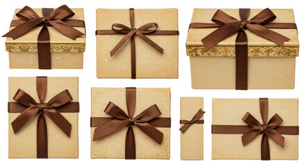 Isolated Gift Boxes with Brown Ribbon Bows on Transparent Background