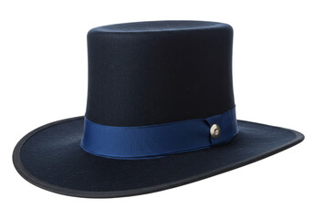 Isolated Glittering Black Top Hat with Blue Ribbon On Transparent Background