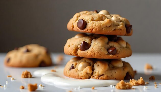 A delightful stack of freshly baked cookies with both milk chocolate chips and macadamia nuts beckons with a sweet temptation.