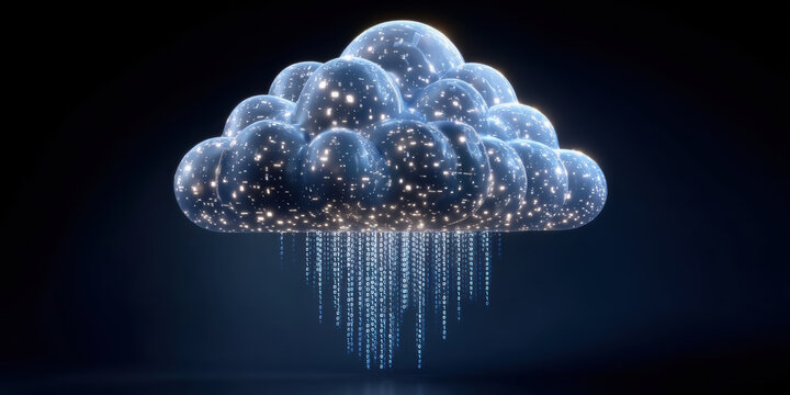 Ai and cloud services concept with glowing digital cloud raining binary code in dark background for technology and data