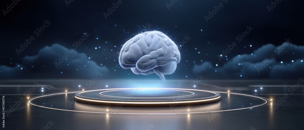 Poster artificial intelligence concept with brain floating above futuristic platform and cloud services in 