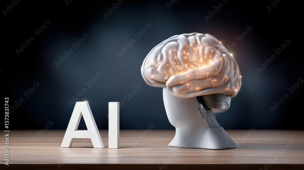 Poster artificial intelligence concept with ai brain model and glowing neural network on dark background fo