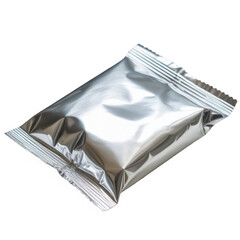 Shiny silver foil food packaging pouch with crimped edges isolated on transparent background