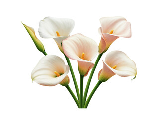 Fototapeta premium A delicate bunch of pale pink and white calla lilies on a black background