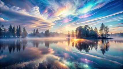 Fototapeta premium Serene Sunrise Over Misty Lake with Silhouetted Trees and Vibrant Sky Reflections