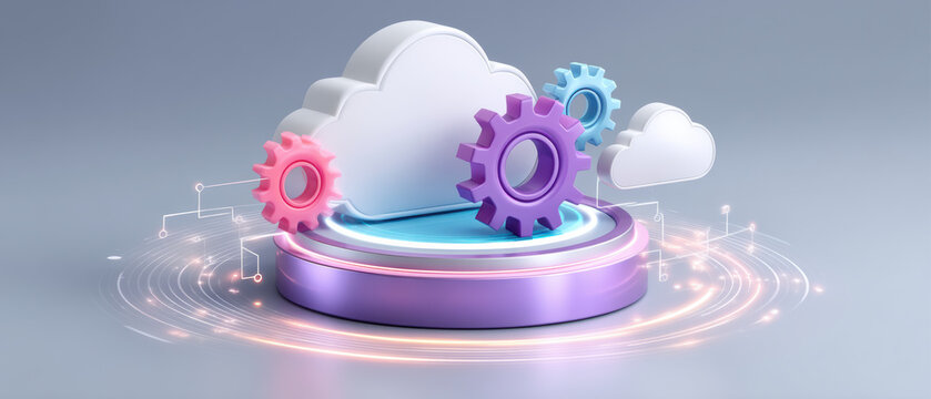 Ai cloud services concept with colorful gear icons and glowing digital elements on futuristic platform