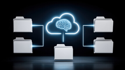 Ai cloud services concept with glowing brain cloud and connected folder icons on dark background digital data storage and sharing