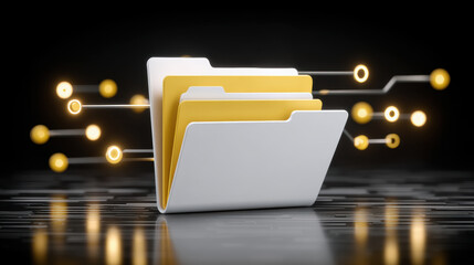 Digital folder with yellow and white files surrounded by glowing cloud icons representing ai cloud services and data transfer technology
