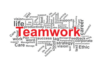 Teamwork word cloud concept with career, productivity, strategy, and support terms for business collaboration.