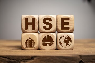 Wooden blocks spelling hse with icons representing health safety environment on a wooden surface against a grey background