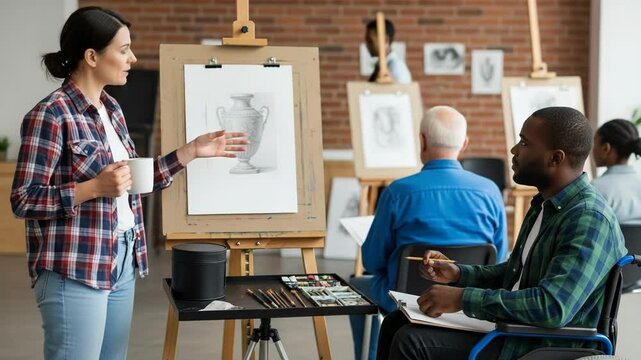 Woman teaching art class to diverse students