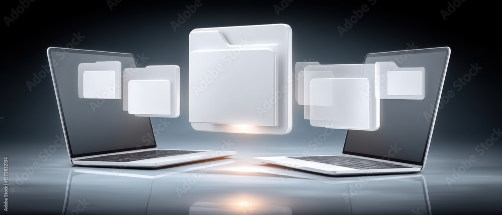 Poster ai cloud services concept with two laptops and floating folder icons representing data transfer and 