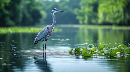 Naklejka premium Grey heron standing in tranquil river waters.
