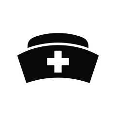 Iconic black nurse cap with white medical cross symbol on white background