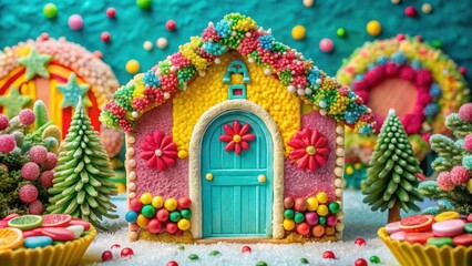 Fototapeta premium Whimsical Candy House in a Festive Sugar Landscape with Miniature Evergreen Trees and Colorful Candies