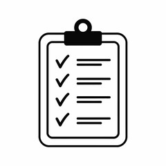 Simple black and white icon of a clipboard with a checklist and checkmarks
