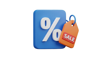 3d blue percentage symbol with orange sale tag isolated on transparent background
