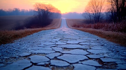 Sunlit rural road with cracked pavement at sunrise.