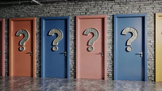 Row of colorful doors with question marks against a brick wall